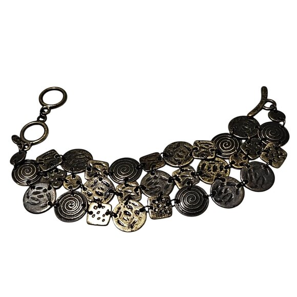 Handcrafted Antique Bronze Charm Bracelet Tribal Patterns Statement Jewelry - Picture 2 of 5